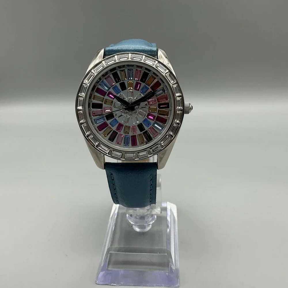 Adrienne Womens Watch 40mm Multicolor Gem Dial Silver Tone Leather New Battery